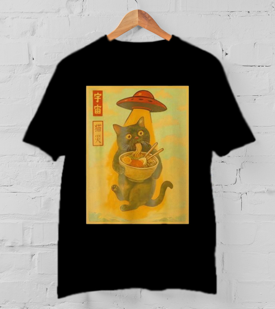 Funny Cat Ramen UFO Japanese Anime Kawaii Noodles T-Shirt