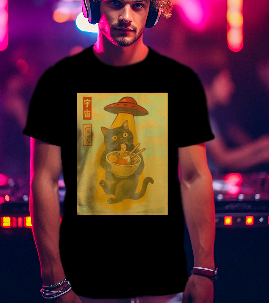 Funny Cat Ramen UFO Japanese Anime Kawaii Noodles T-Shirt