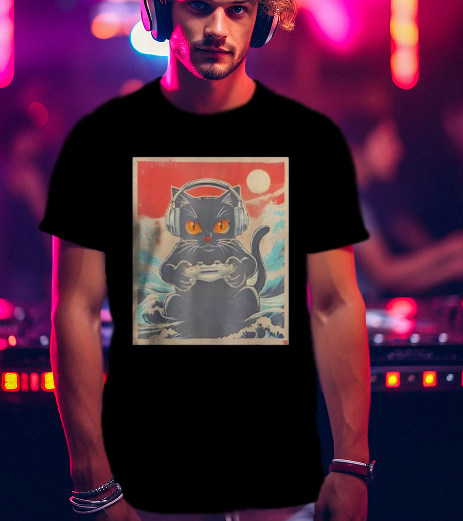 Kawaii Cat Anime Gamer Headphones Japanese Art Gaming Waves T-Shirt