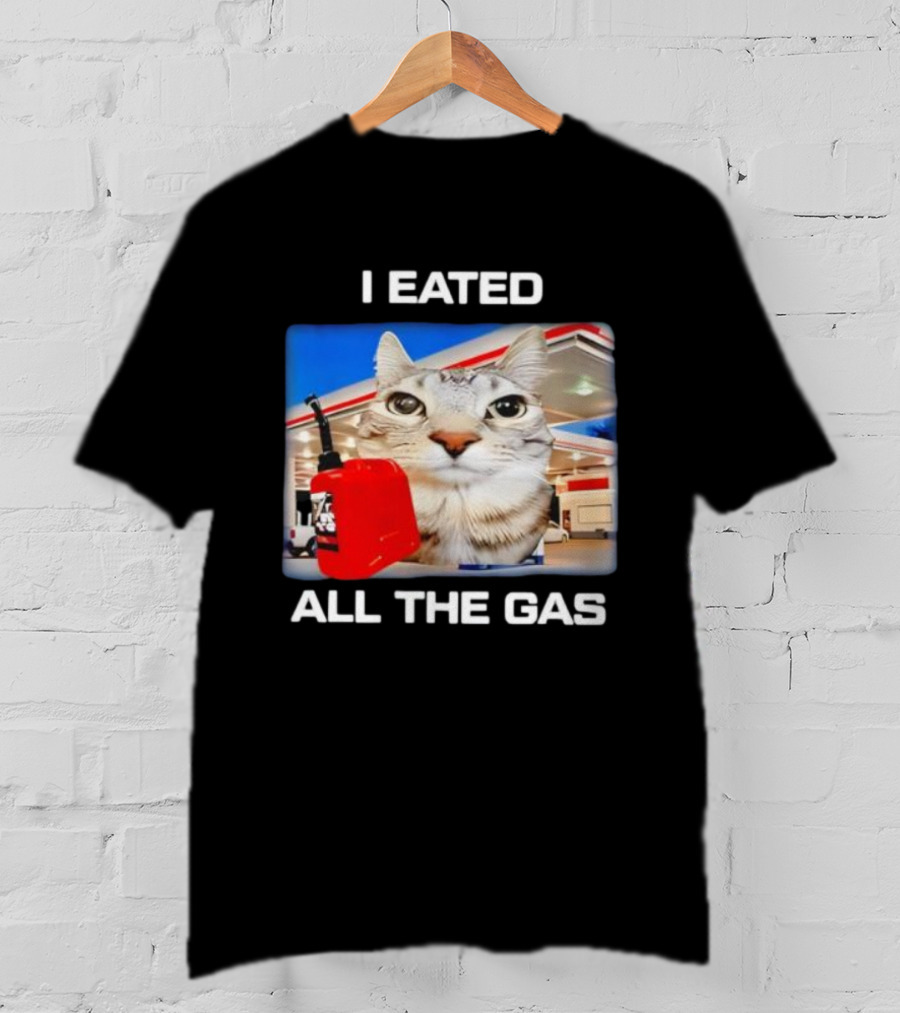 I Eated All The Gas Silly Staring Cat Meme With Fuel Station Background T-Shirt