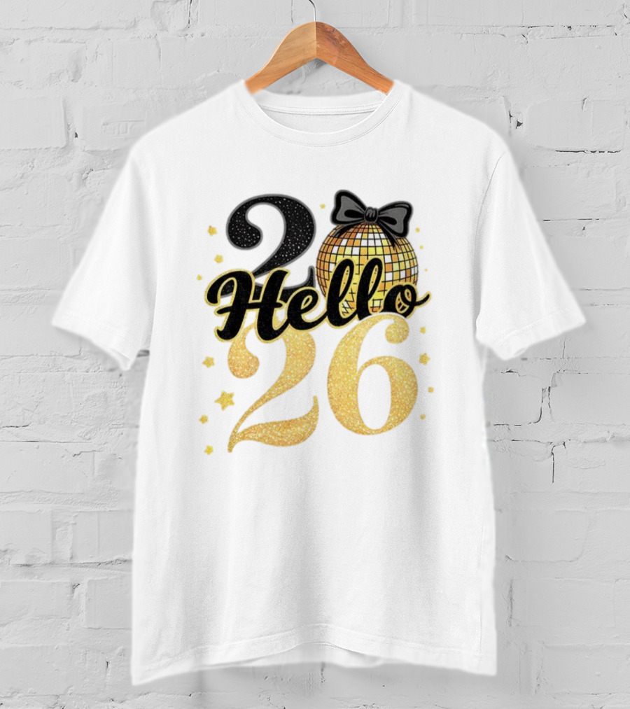 Hello 2026 Gold Glitter Bow Disco Ball Celebration T-Shirt