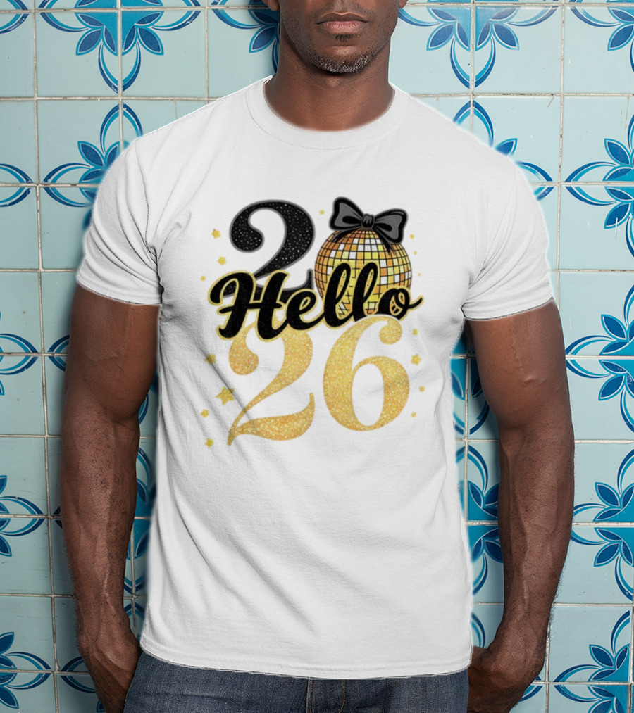 Hello 2026 Gold Glitter Bow Disco Ball Celebration T-Shirt