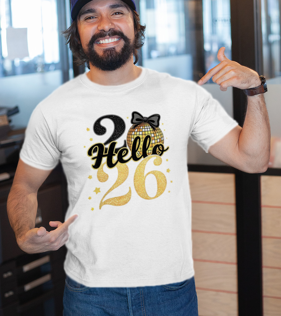 Hello 2026 Gold Glitter Bow Disco Ball Celebration T-Shirt