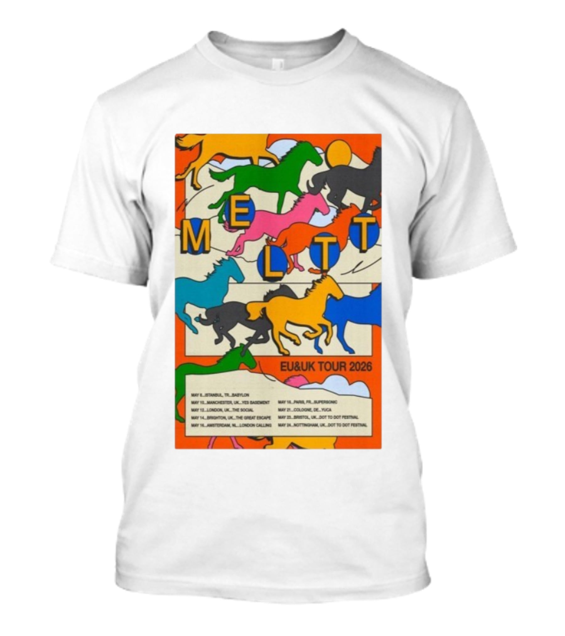Meltt EU UK Tour 2026 Colorful Running Horses With Dates T-Shirt