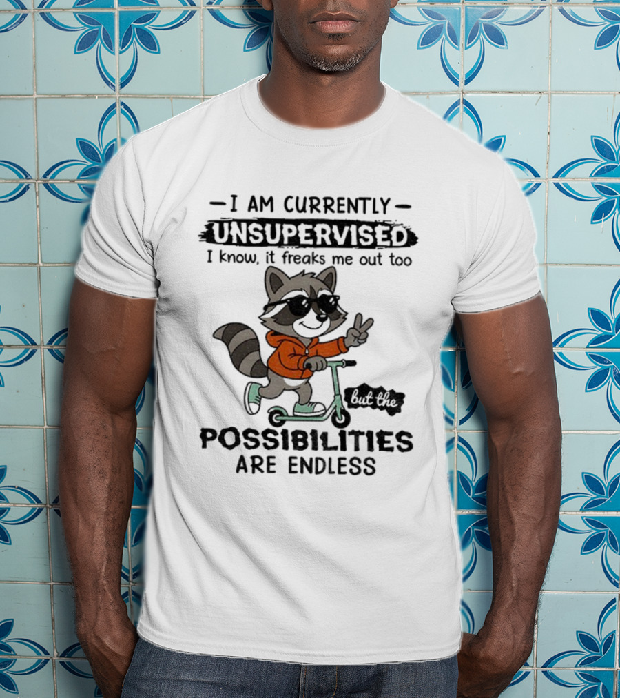 Raccoon Unsupervised Endless Possibilities Peace Sign Scooter Sunglasses Orange T-Shirt