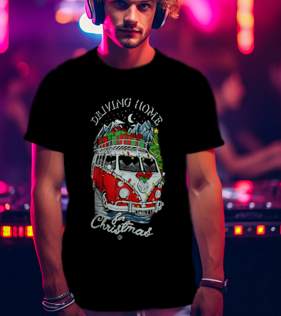 Driving Home For Christmas Van Presents Snowy Mountain Scene T-Shirt