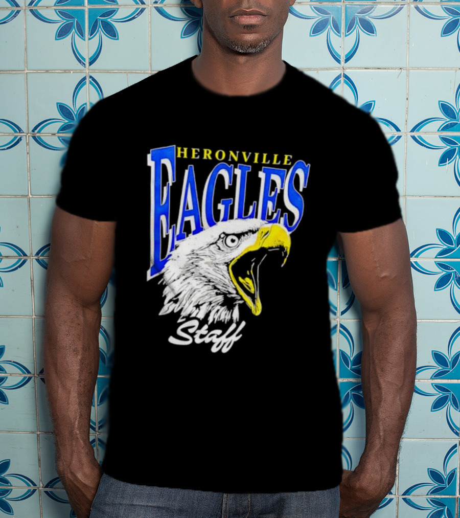 Heronville Eagles Staff Blue Bold Text White Eagle Design T-Shirt