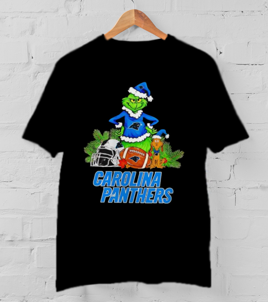 Carolina Panthers Christmas Grinch And Max Football Helmet Holiday T-Shirt