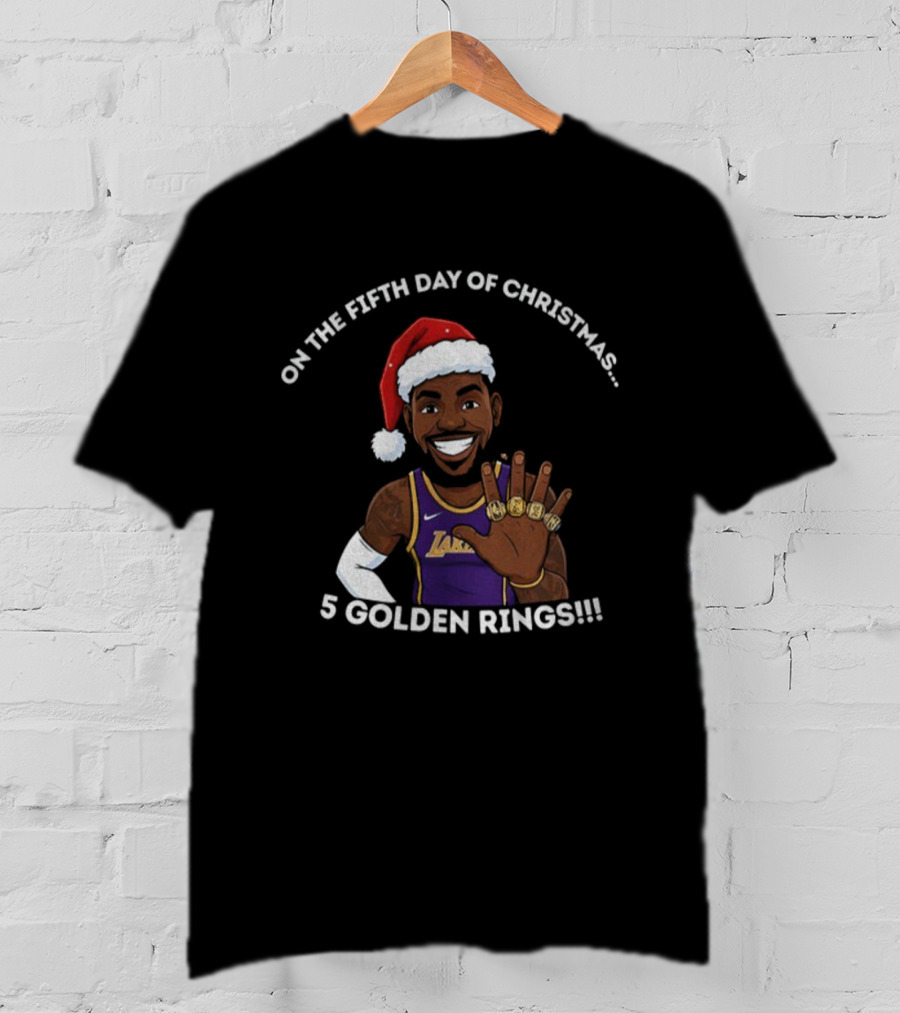 Lebron James Lakers Christmas Five Golden Rings Santa Hat T-Shirt