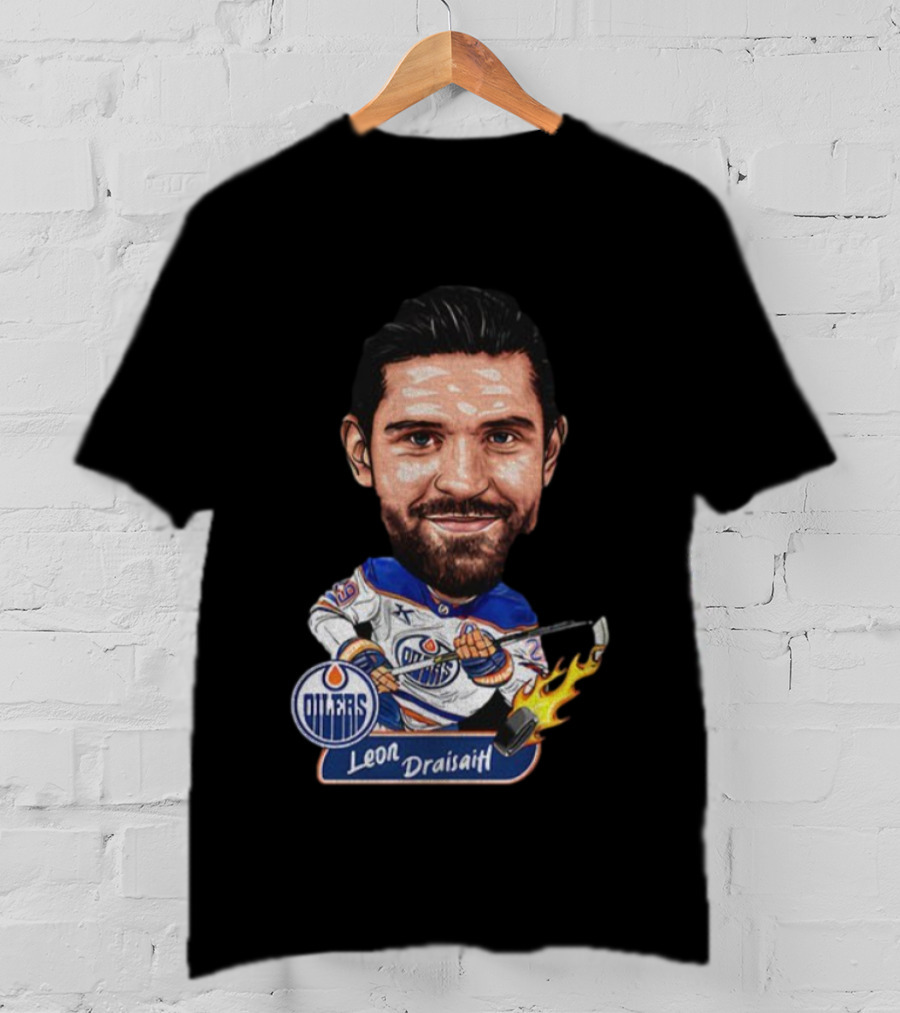 Edmonton Oilers Hockey Leon Draisaitl Caricature Flames Stick T-Shirt
