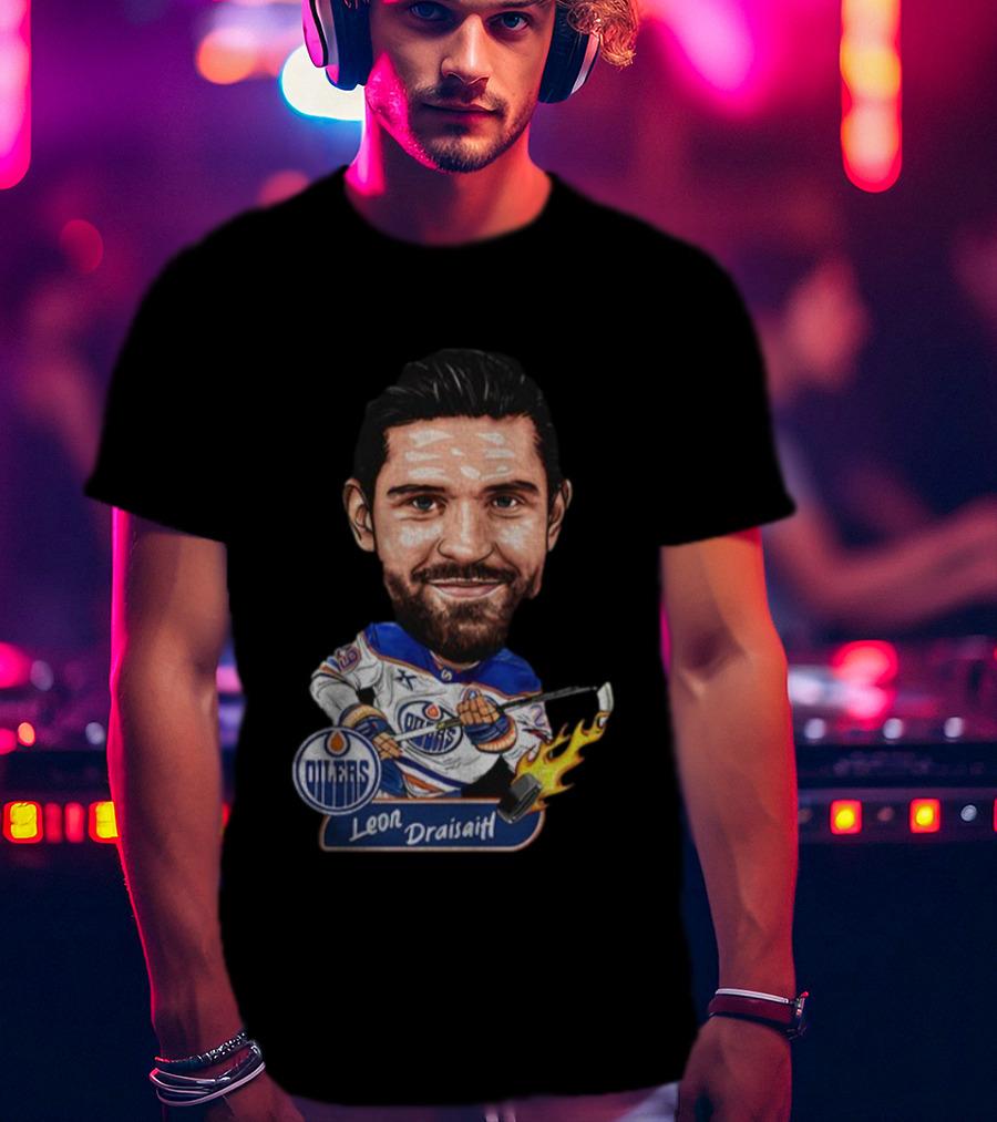 Edmonton Oilers Hockey Leon Draisaitl Caricature Flames Stick T-Shirt