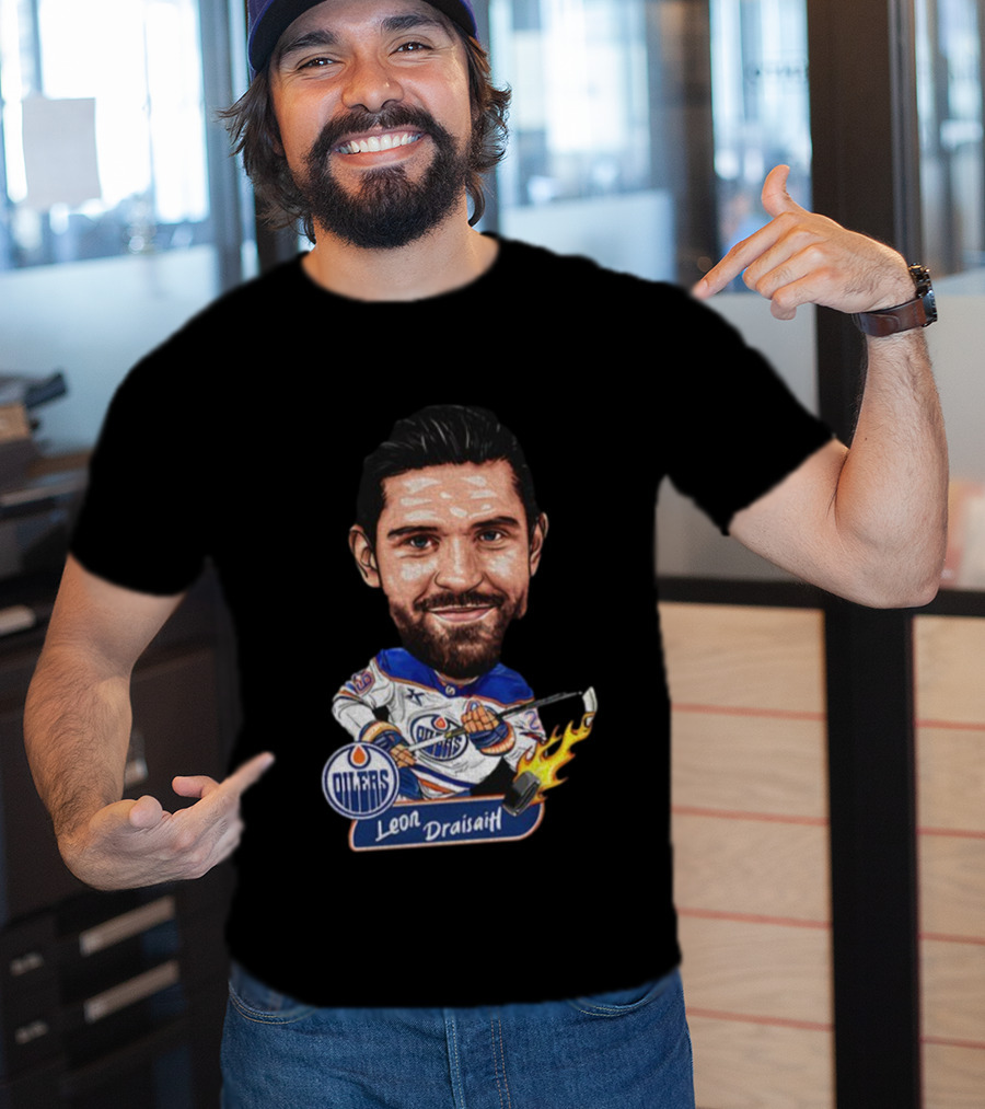 Edmonton Oilers Hockey Leon Draisaitl Caricature Flames Stick T-Shirt