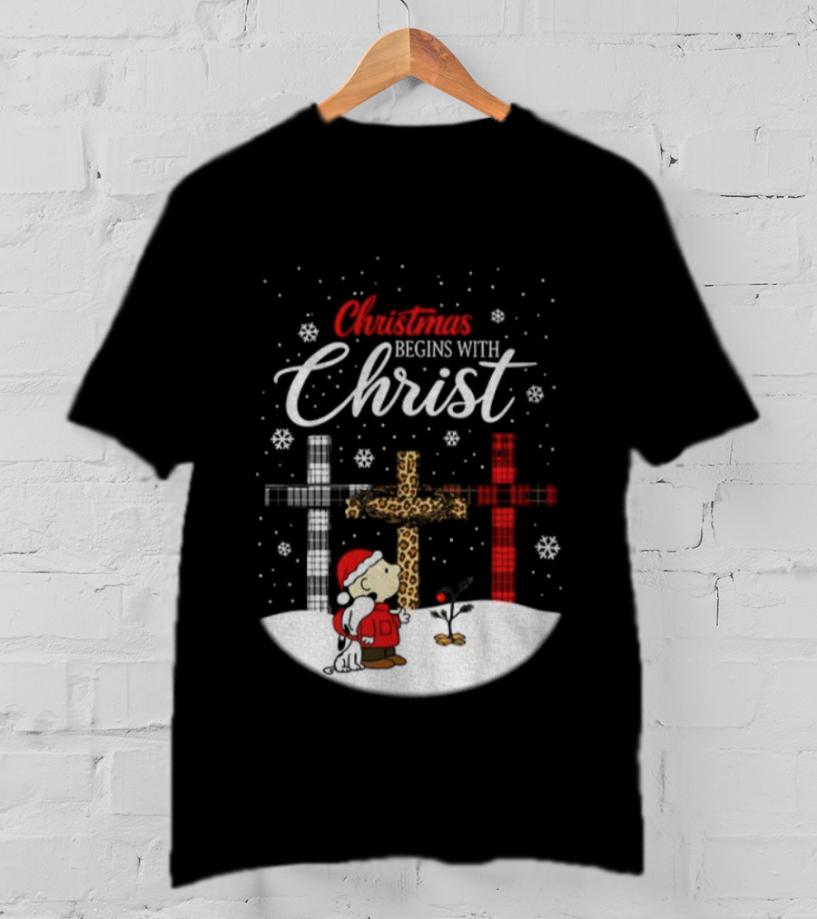 Christmas Begins With Christ Snoopy Charlie Brown Holiday Snow Scene T-Shirt