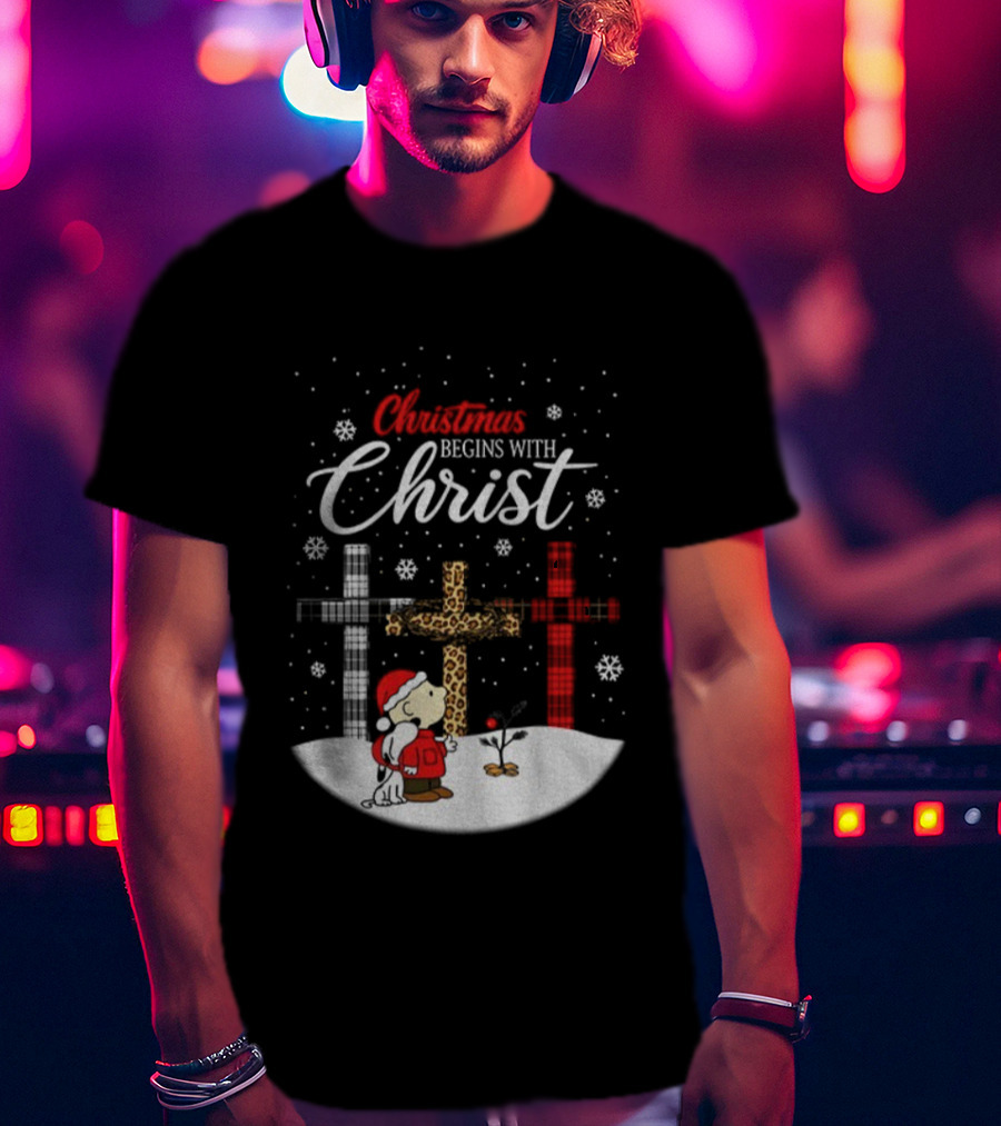Christmas Begins With Christ Snoopy Charlie Brown Holiday Snow Scene T-Shirt