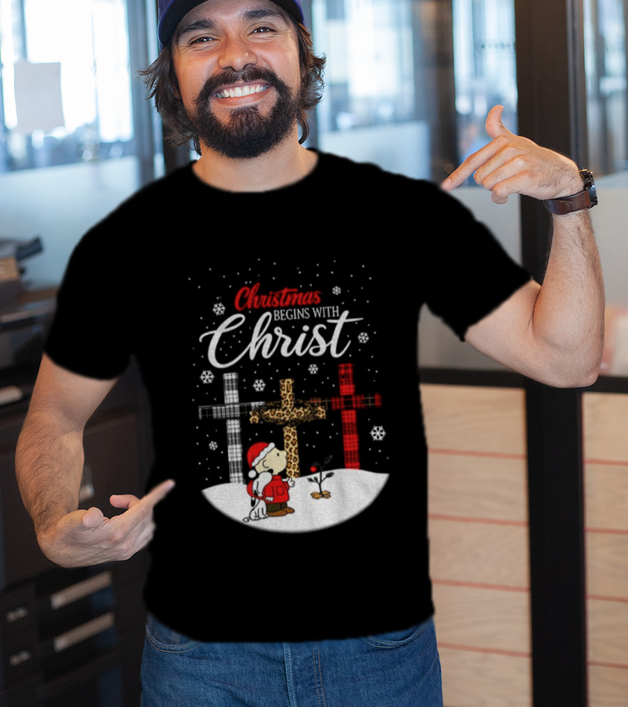 Christmas Begins With Christ Snoopy Charlie Brown Holiday Snow Scene T-Shirt