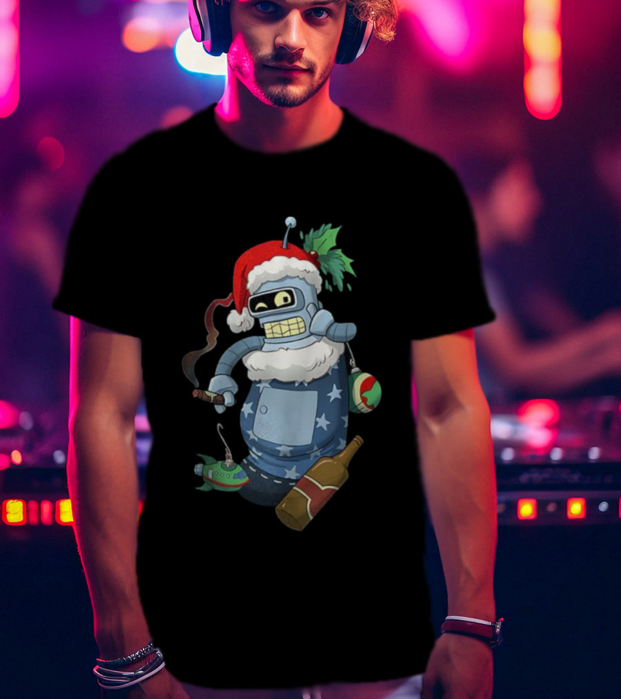 Futurama Bender Christmas Stocking Stuffer Smoking Cigar Santa Hat T-Shirt