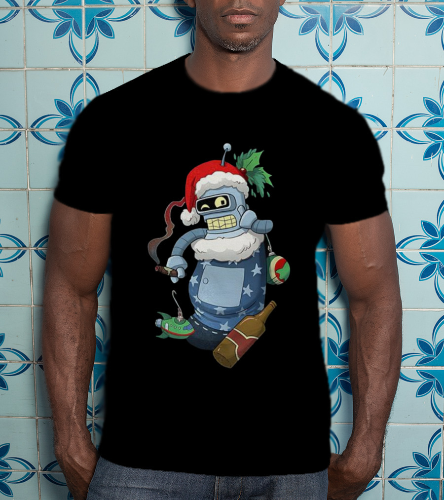 Futurama Bender Christmas Stocking Stuffer Smoking Cigar Santa Hat T-Shirt