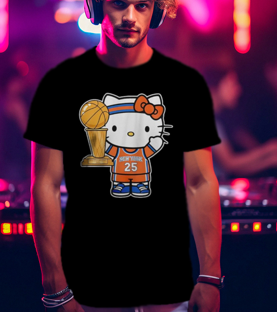 New York Knicks Kitty NBA Champions Trophy 2025 T-Shirt