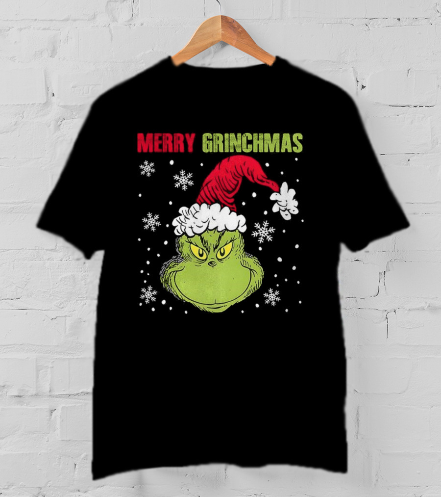 Merry Grinchmas Grinch Head Santa Hat Christmas Snowflakes T-Shirt
