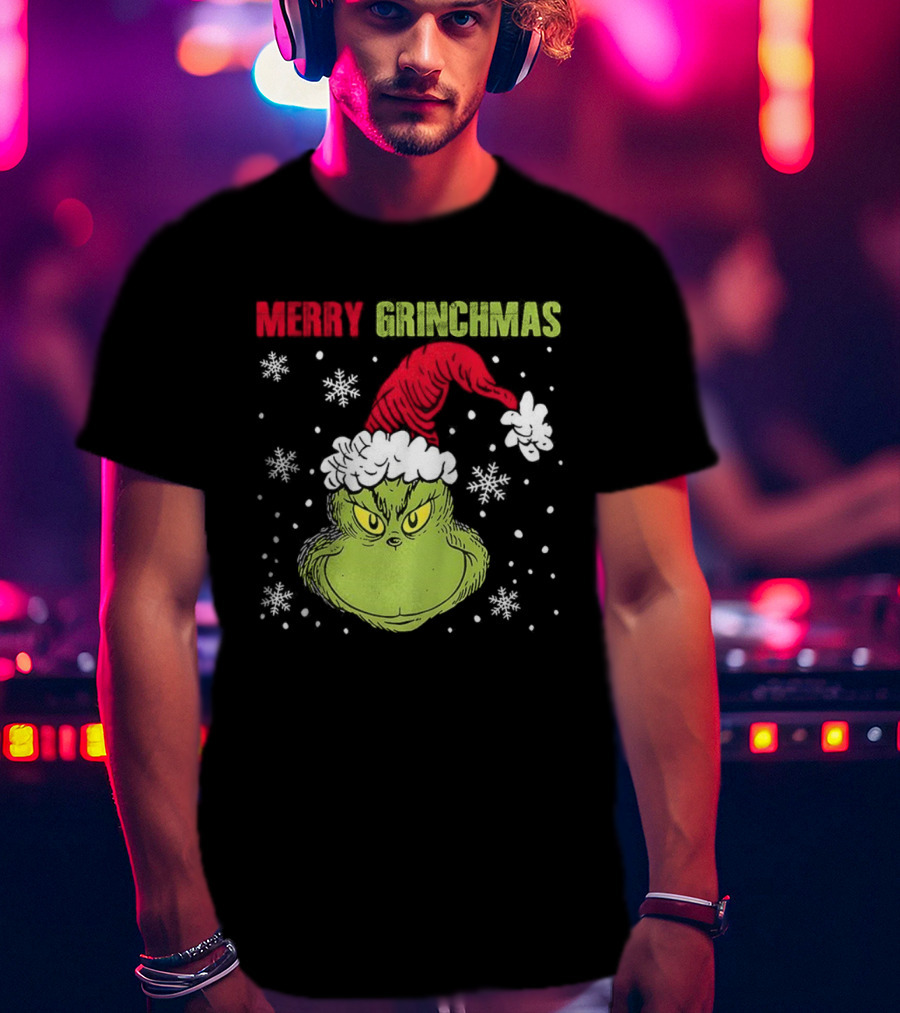 Merry Grinchmas Grinch Head Santa Hat Christmas Snowflakes T-Shirt