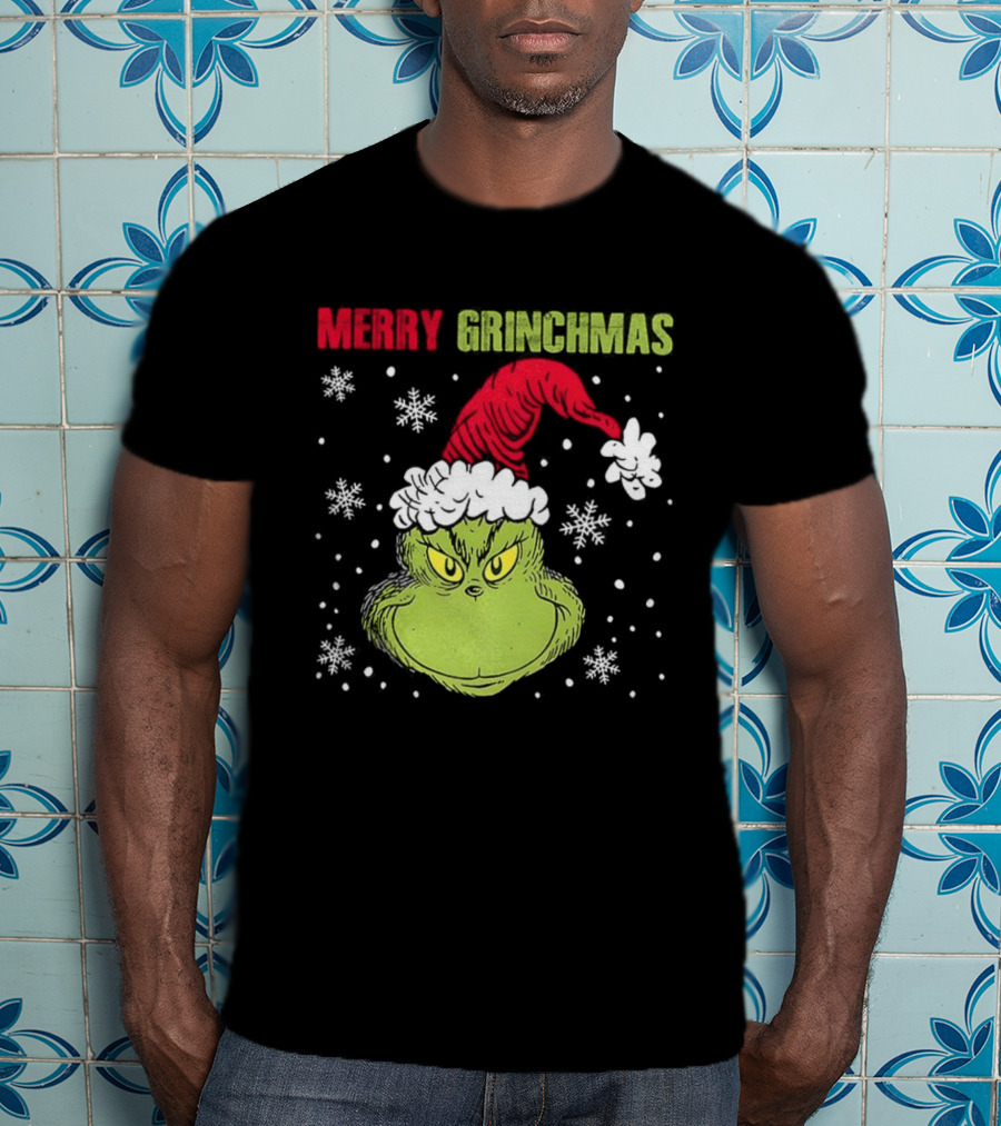 Merry Grinchmas Grinch Head Santa Hat Christmas Snowflakes T-Shirt