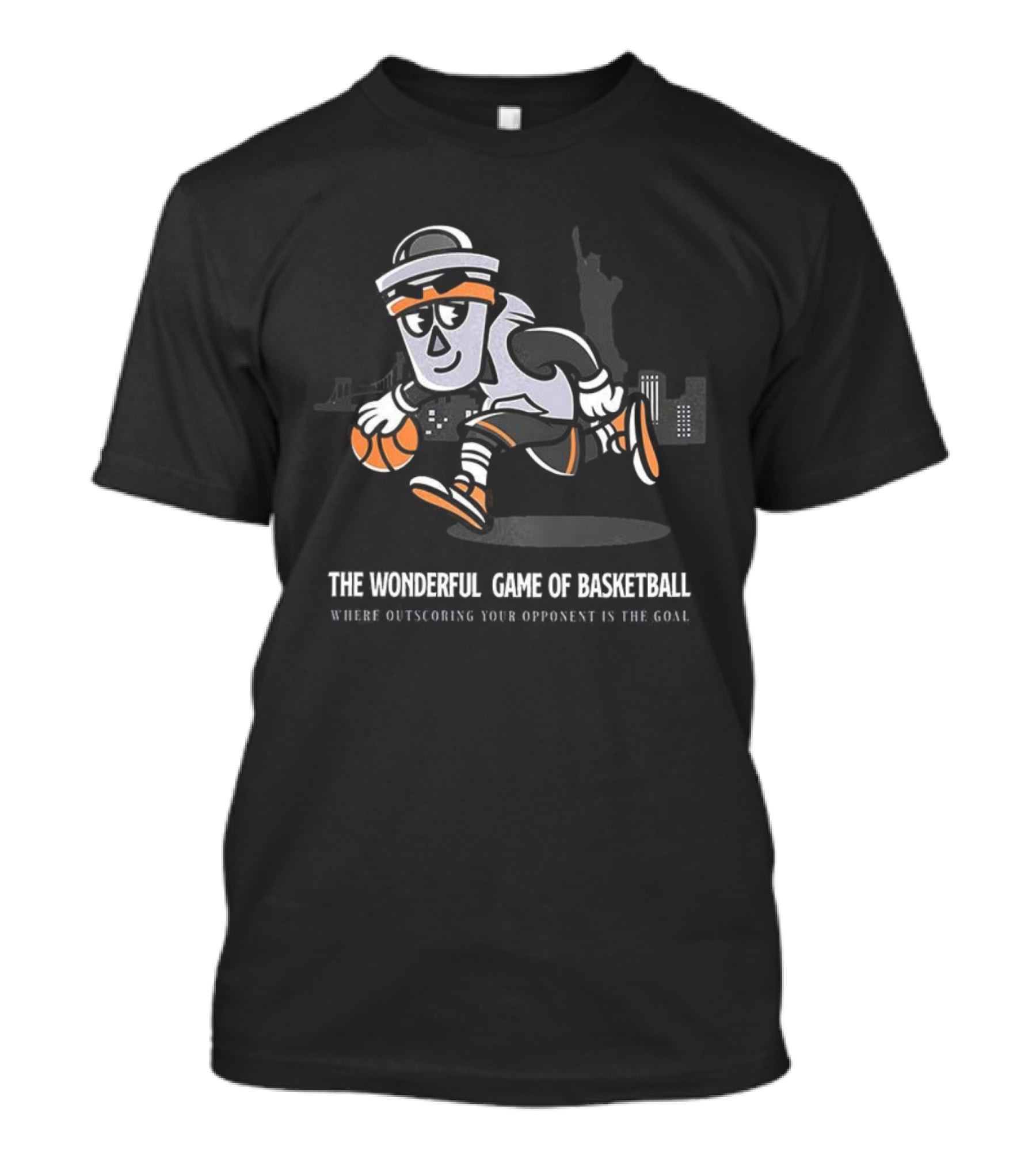 The Wonderful Game Of Basketball Mascot Bucket Man Outscoring Opponent NYC Skyline T-Shirt