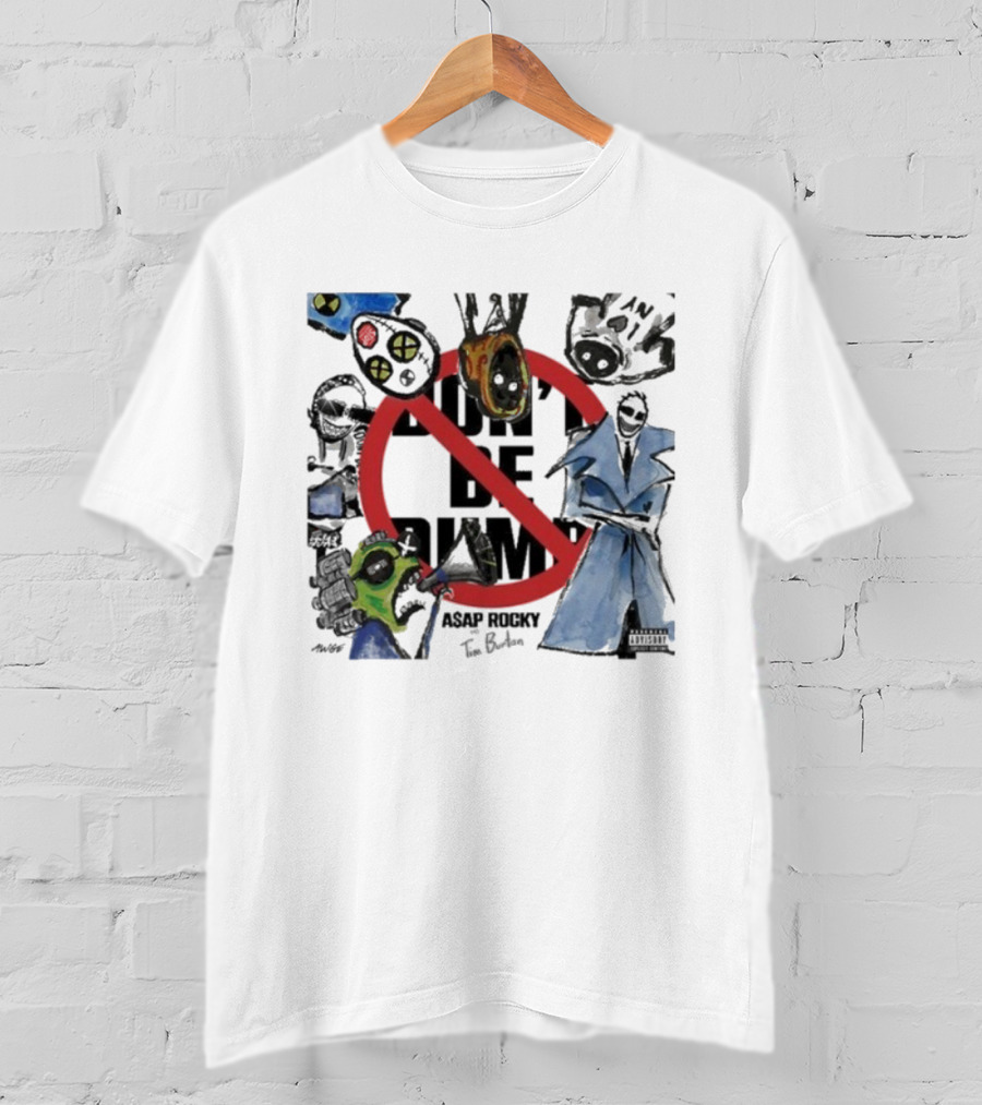 ASAP Rocky X Tim Burton Don't Be Dumb Surreal Collaboration Red Circle Strikethrough Gas Mask Barbed Wire Karambit Knife Blue Robe T-Shirt