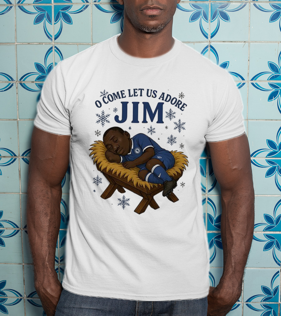 O Come Let Us Adore Jim Sleeping In Chelsea FC Christmas Manger Caricature T-Shirt