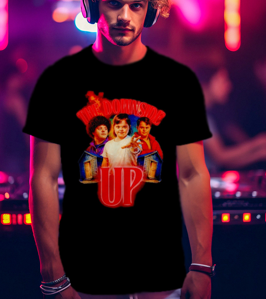 The Downside Up Stranger Things Meme Parody With Character Trio And Cabins T-Shirt