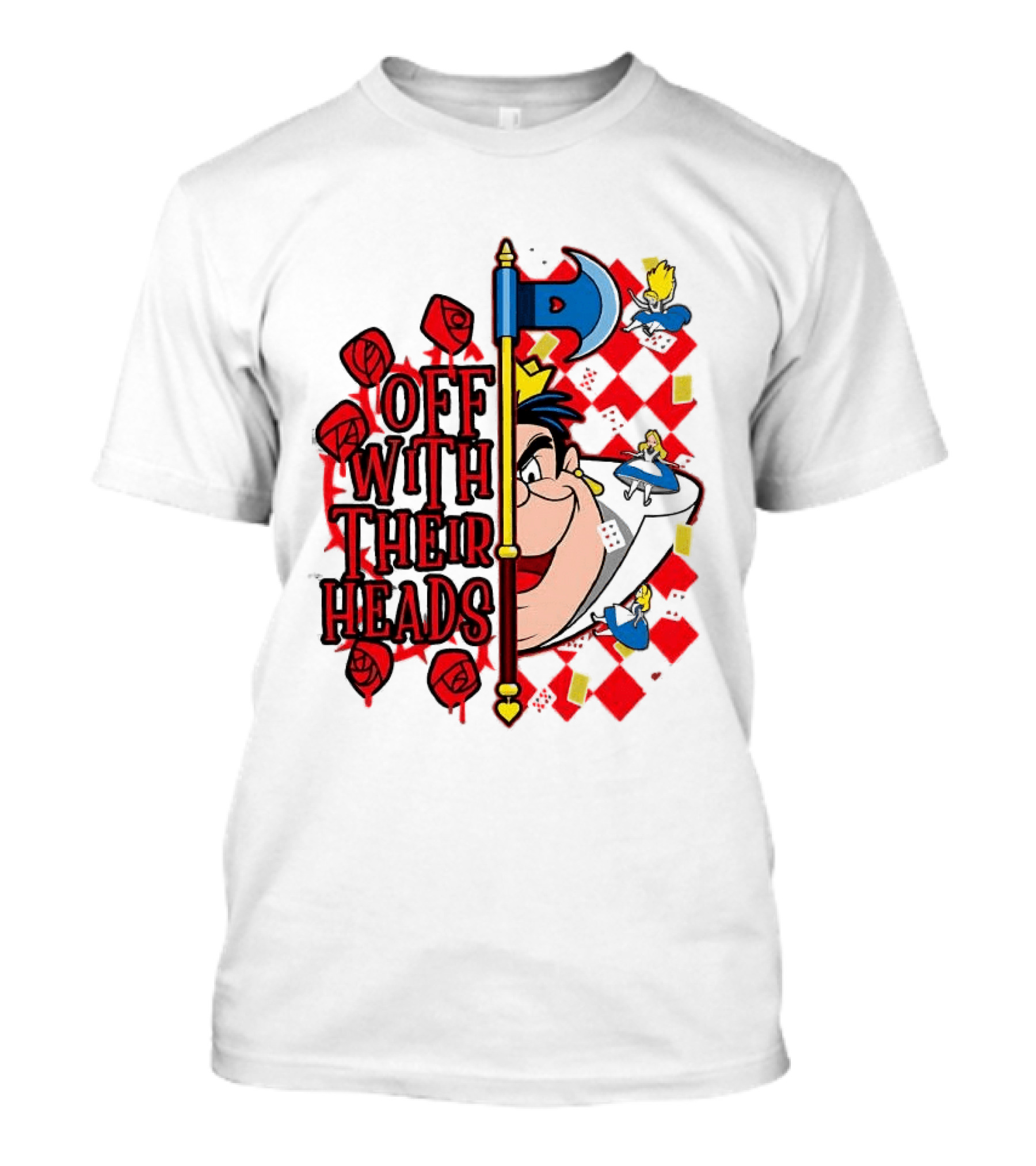 Off With Their Heads Queen Hearts Alice In Wonderland Axe Chessboard Cartoon T-Shirt