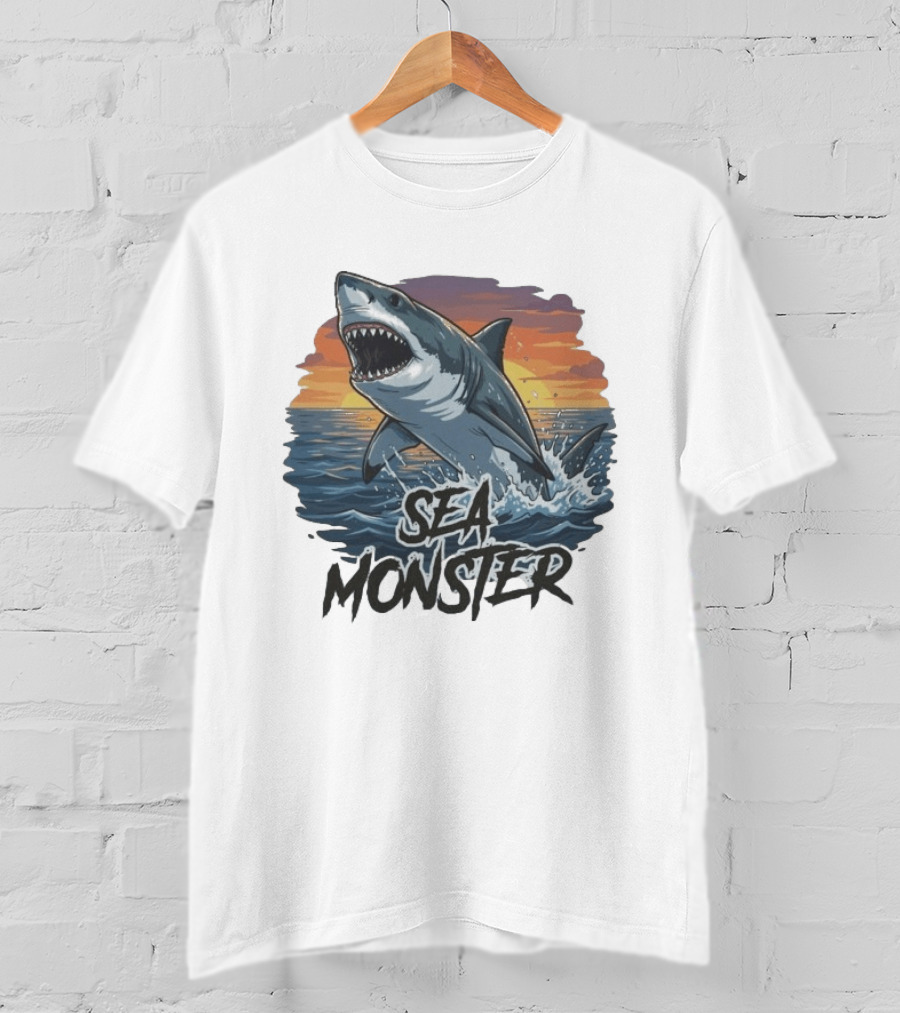 Rawwfishing Sea Monster Shark Sunset Ocean Scene T-Shirt