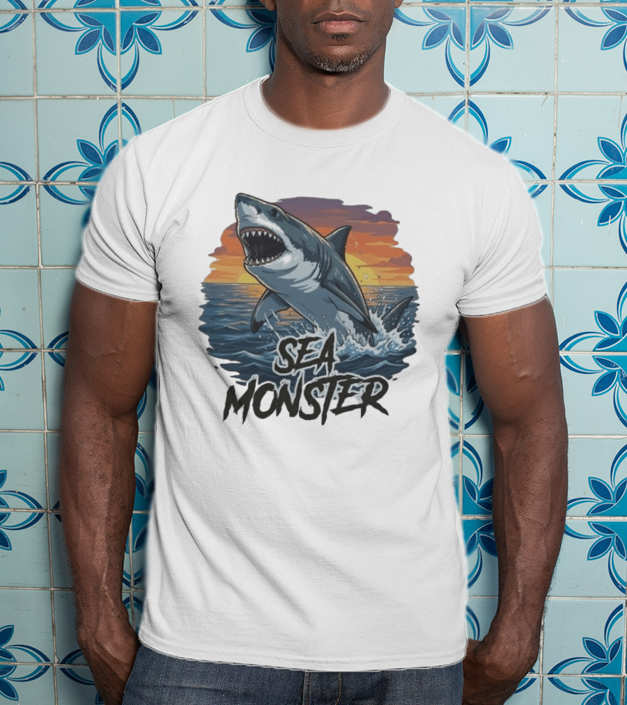 Rawwfishing Sea Monster Shark Sunset Ocean Scene T-Shirt