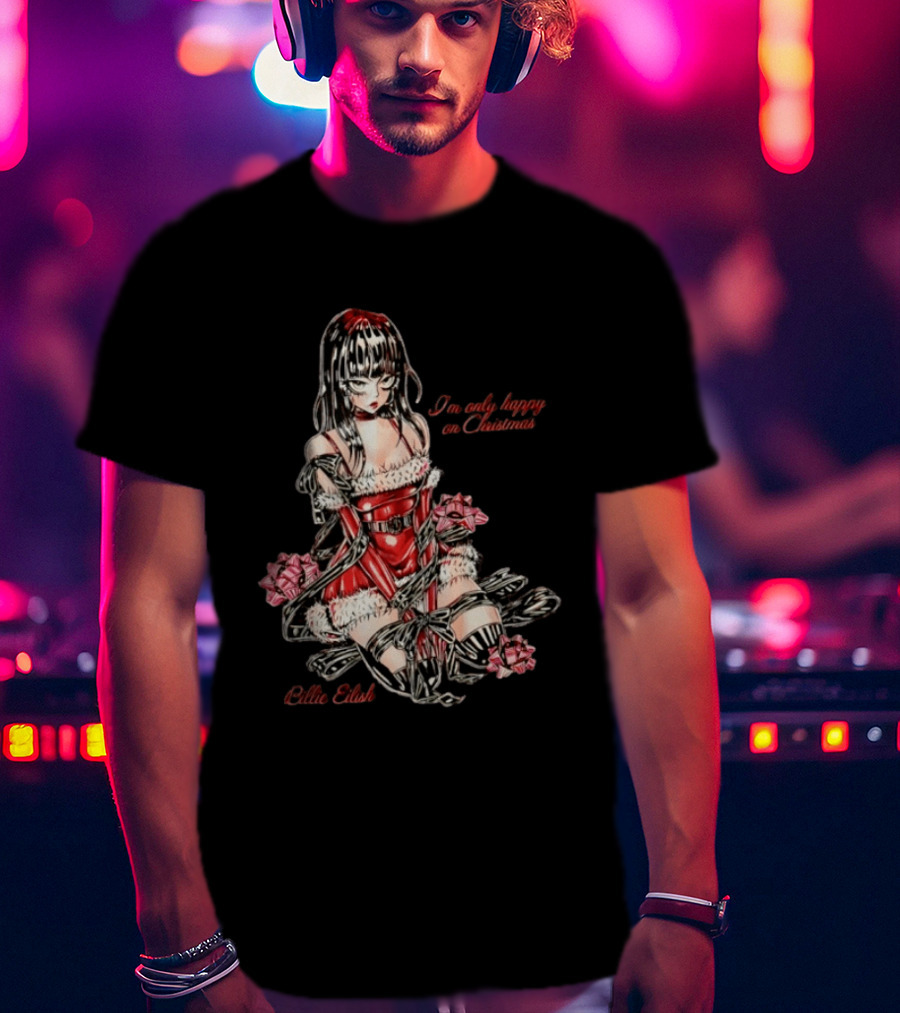 Billie Eilish I'm Only Happy On Christmas Red Outfit Wrapping Ribbon T-Shirt