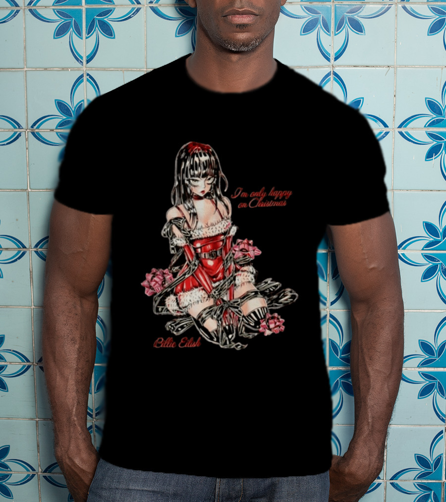 Billie Eilish I'm Only Happy On Christmas Red Outfit Wrapping Ribbon T-Shirt
