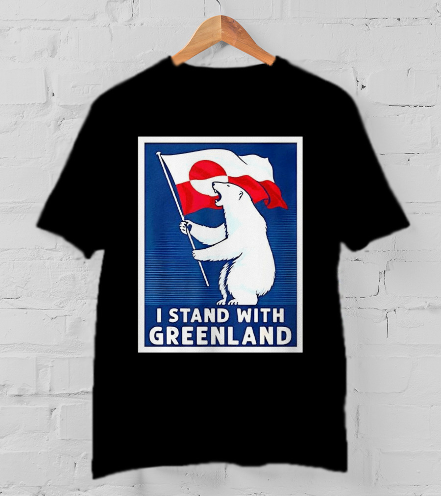I Stand With Greenland Polar Bear Holding Flag Solidarity Banner T-Shirt