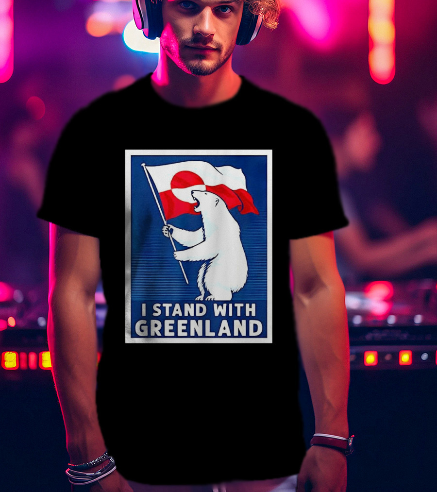 I Stand With Greenland Polar Bear Holding Flag Solidarity Banner T-Shirt