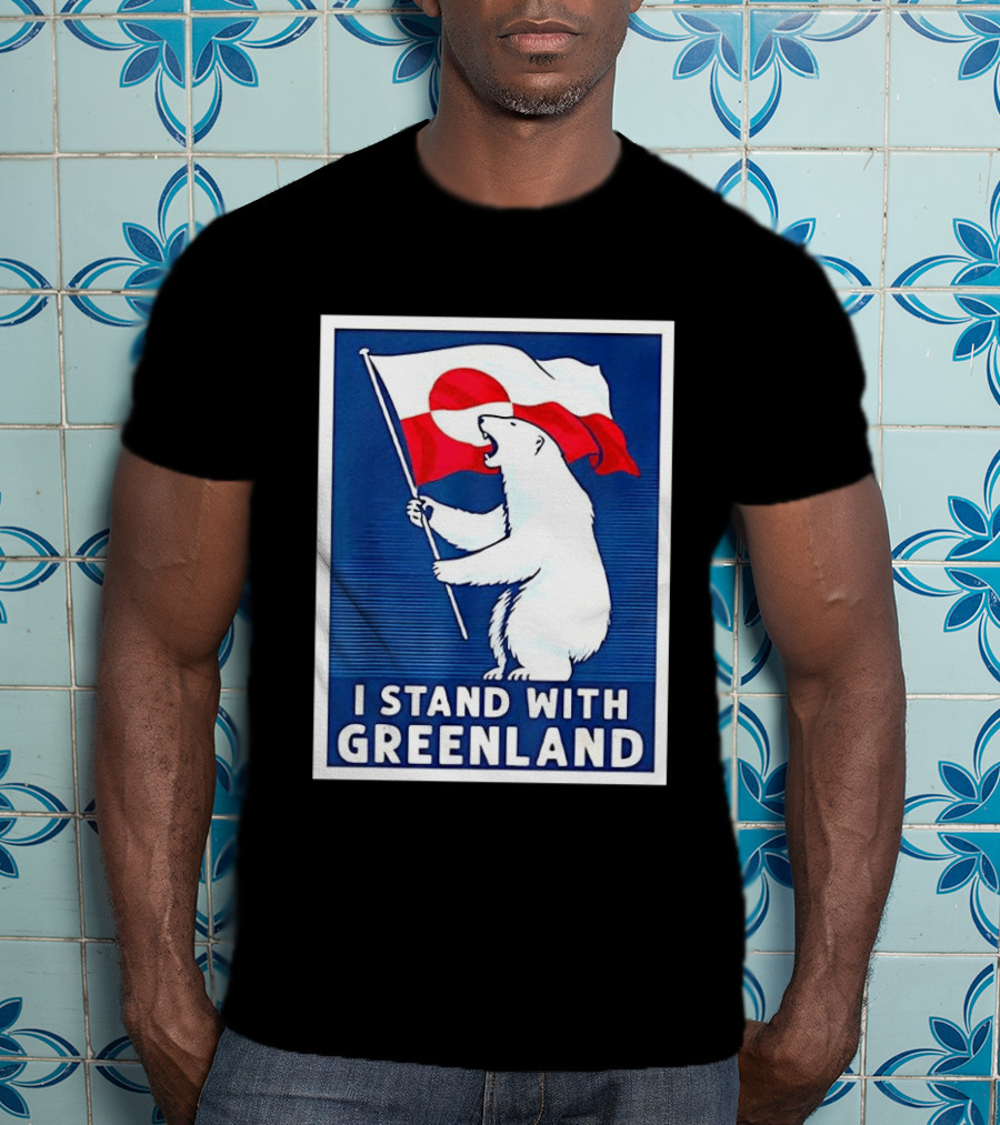 I Stand With Greenland Polar Bear Holding Flag Solidarity Banner T-Shirt