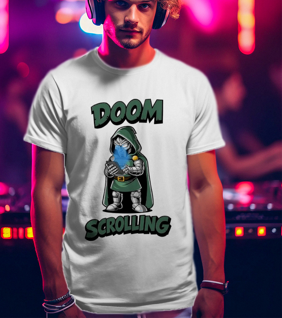 Doom Scrolling Dr Doom Comic Character With Phone T-Shirt