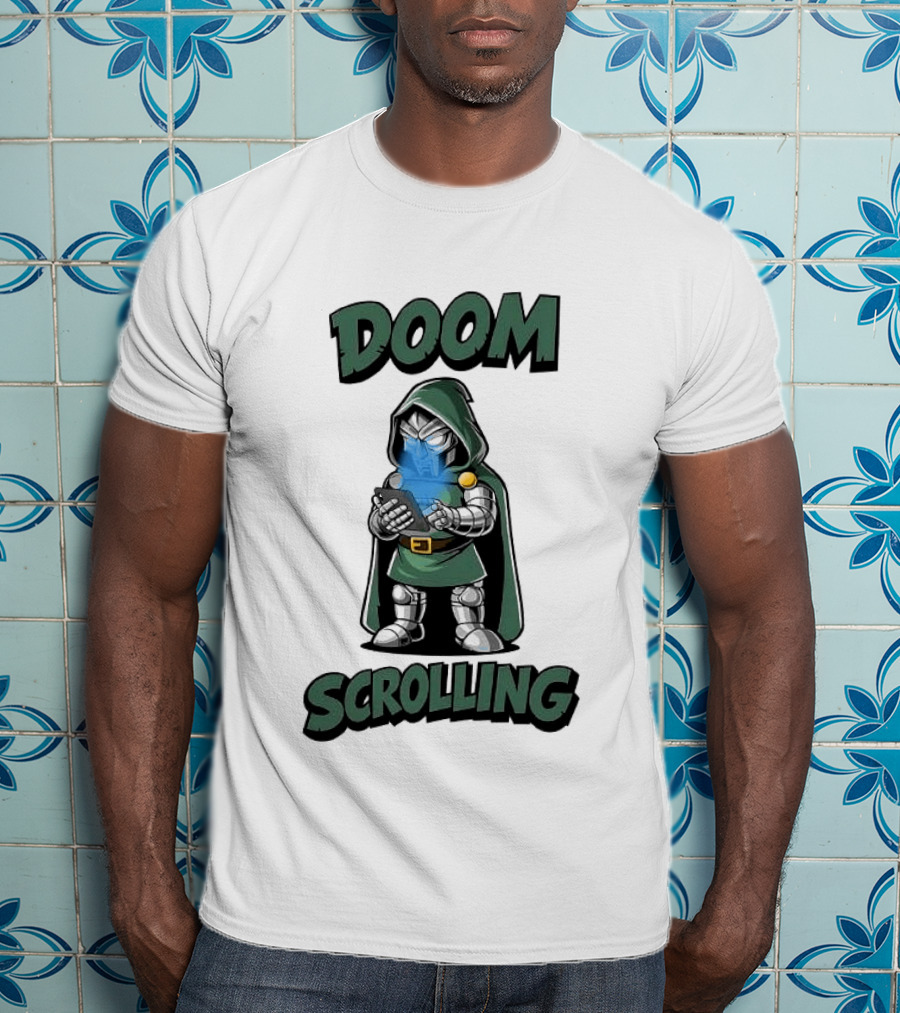 Doom Scrolling Dr Doom Comic Character With Phone T-Shirt