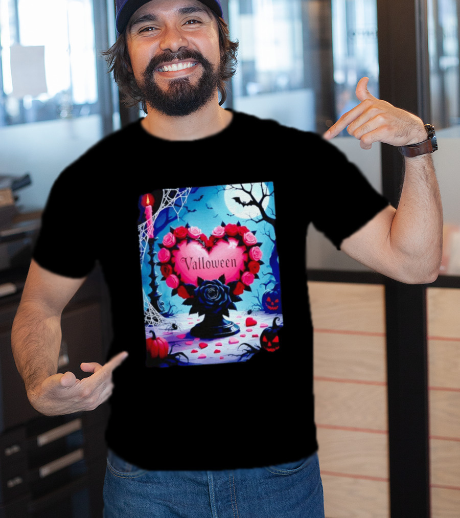 Valloween Romance And Menace Heart Rose Candle Moonlit Halloween T-Shirt