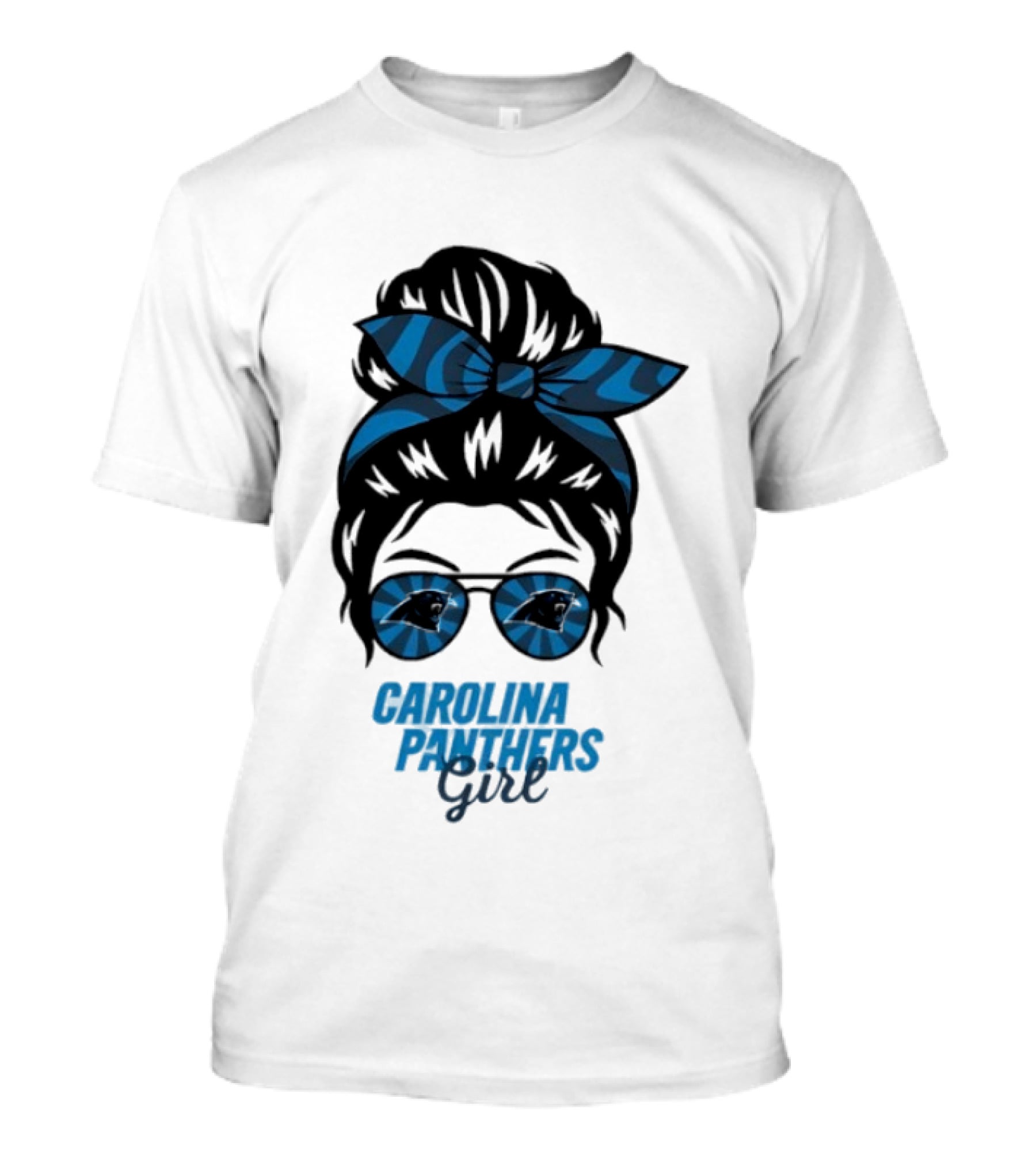 Carolina Panthers Girl Messy Bun Glasses Blue Bow Fan T-Shirt
