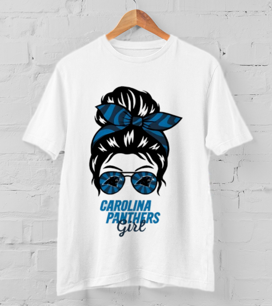 Carolina Panthers Girl Messy Bun Glasses Blue Bow Fan T-Shirt