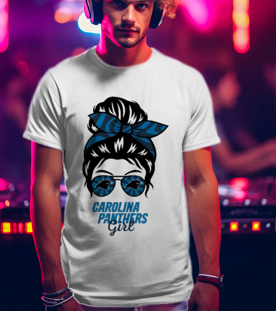 Carolina Panthers Girl Messy Bun Glasses Blue Bow Fan T-Shirt