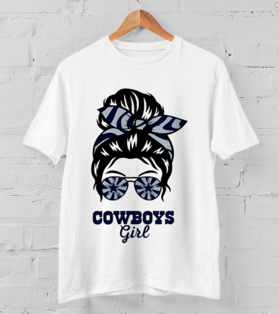 Dallas Cowboys Girl Messy Bun With Glasses And Star T-Shirt