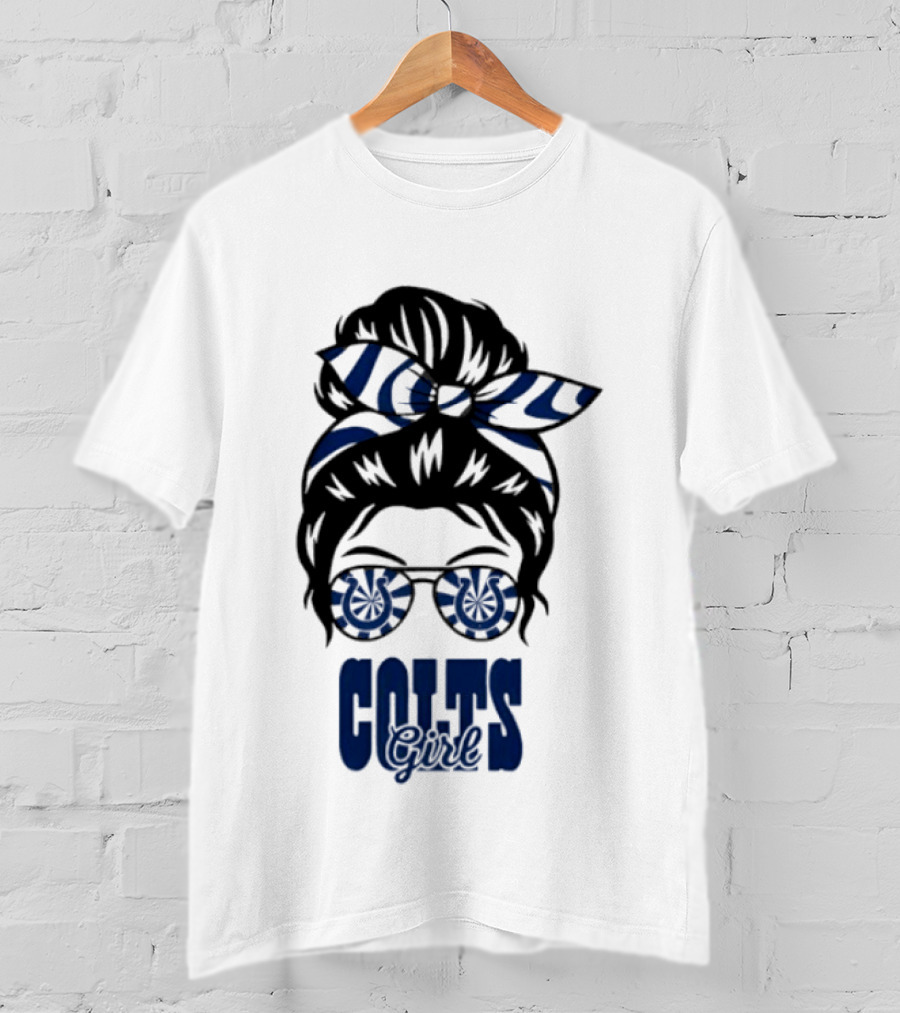 Indianapolis Colts Fan Messy Bun Glasses T-Shirt