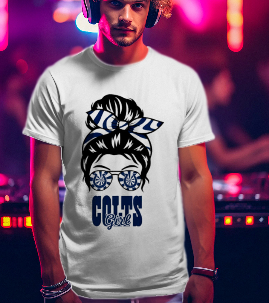 Indianapolis Colts Fan Messy Bun Glasses T-Shirt