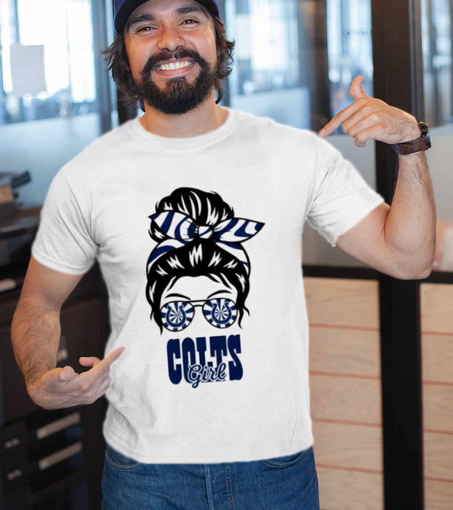Indianapolis Colts Fan Messy Bun Glasses T-Shirt