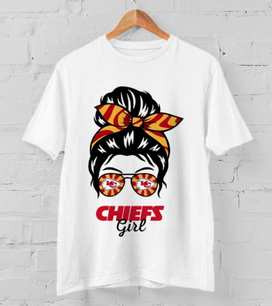 Kansas City Chiefs Girl Messy Bun With Striped Bow And Glasses T-Shirt