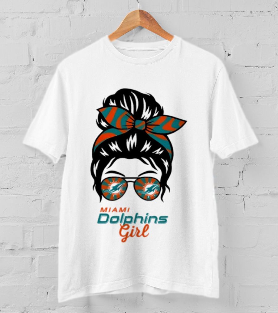 Miami Dolphins Girl Messy Bun Glasses Bow Fan Merchandise T-Shirt