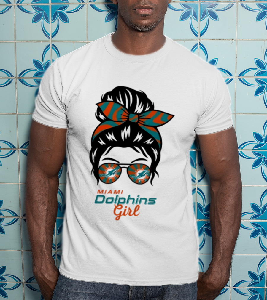 Miami Dolphins Girl Messy Bun Glasses Bow Fan Merchandise T-Shirt